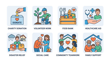 Fototapeta premium Humanitarian Aid and Social Help Vector Icons