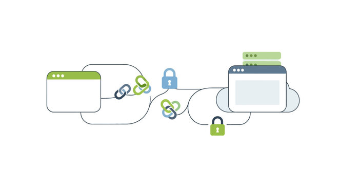 Cybersecurity and Secure Cloud Connection Illustration with Padlock and Network Link Icons