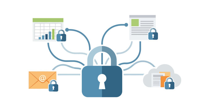 Data Privacy and Cyber Security Concept Illustration with Network of Locked Digital Assets, Cloud Storage, and Email Protection