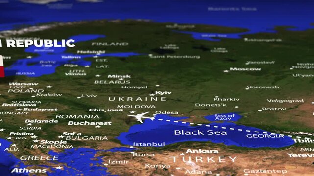Flight From Ashgabat Turkmenistan to Prague CZECH REPUBLIC with flag pins