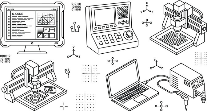 CNC Programming and G-Code Machine Controller Isometric Line Icon Set for Engineering Technology Manufacturing Software Blueprints