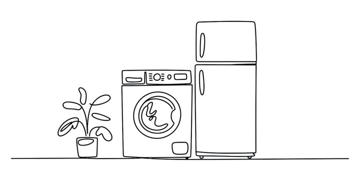 Black and white line drawing of a household washing machine, a refrigerator, and a small potted plant standing side by side in a simple room Vector, illustration
