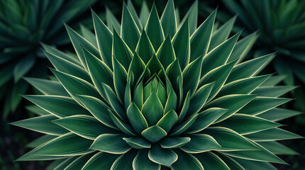 Fototapeta premium Close up of geometrically symmetrical radiating agave plant, sharp green leaves with light golden edges, showing mathematical beauty of nature.