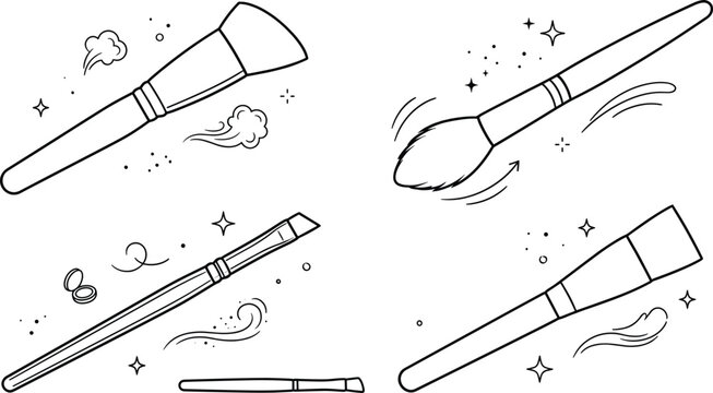 Cosmetic Makeup Brush Line Art Vector Icon Set for Beauty Salon Application and Face Powder Tutorials