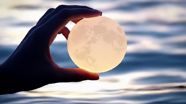 A hand frames a glowing lunar orb between the fingers above a blurred ocean surface at twilight