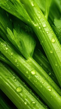 Fresh green celery stalks glistening with water droplets, showcasing vibrant color and texture