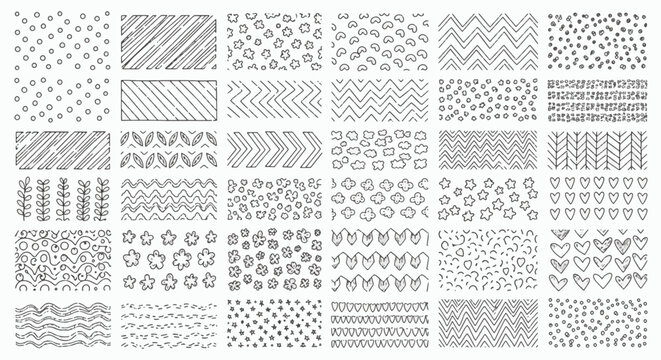 Set of hand-drawn doodle decorative patterns and elements featuring abstract shapes, swirls, leaves, and geometric line art for creative graphic design and border illustrations.
