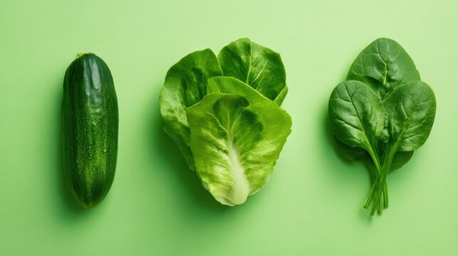Fresh vegetables including a cucumber, lettuce, and spinach on a vibrant green background