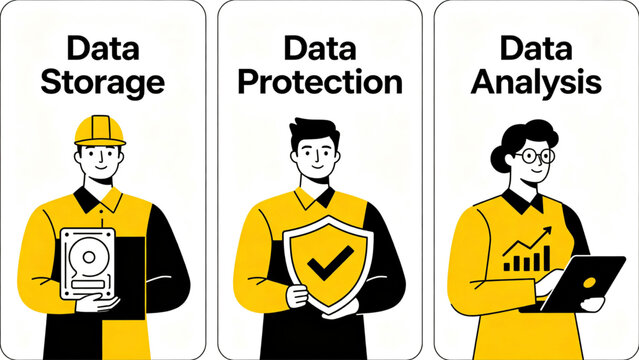 Data management and digital business workflow concept collection with cybersecurity analytics and cloud technology system, idea for enterprise automation and smart operations
