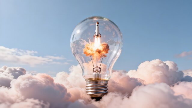 Light bulb with rocket in sky