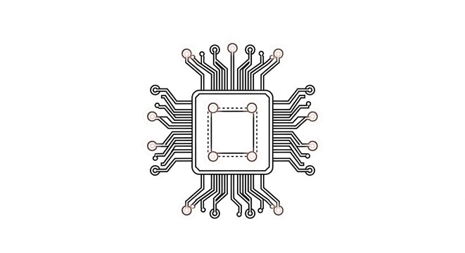 Central square processor chip with symmetrical circuit lines and connection nodes on a solid background.