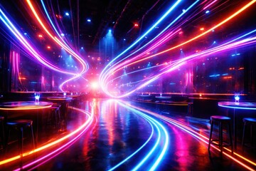 Fototapeta premium Fluorescent abstract background with glowing lines in nightclub space