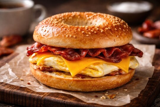 Savory bacon egg and cheese breakfast sandwich on a soft bagel