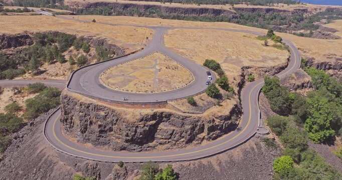 Aerial drone shot of the Rowena Crest Viewpoint in Mosier Oregon on the Columbia River Gorge National Scenic Area