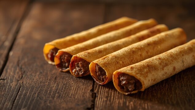 Beef stuffed flautas wrapped in corn tortillas with copy space included