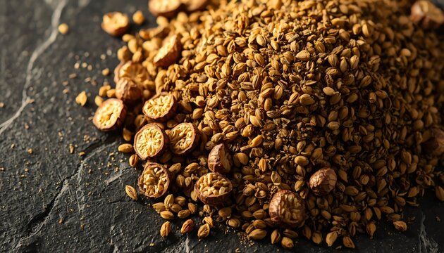 Coarsely Crushed Coriander Seeds with Splits on Slate Board