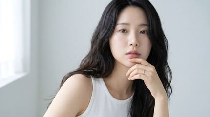 Fototapeta premium Portrait of a South Korean Woman in White Tank Top with Rings