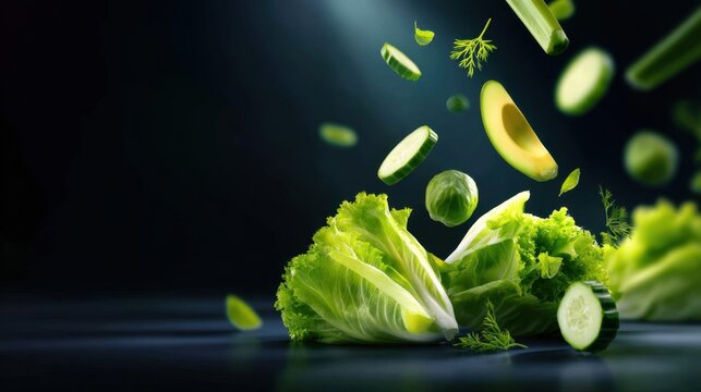 Fresh greens and sliced vegetables floating against a dark backdrop, creating a dynamic scene