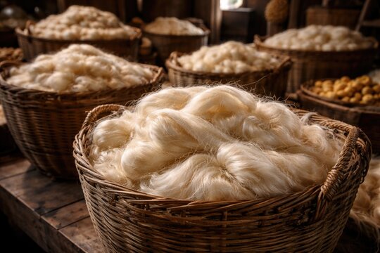Wooden baskets filled with raw silk fibers highlighting the artisanal sericulture textile process