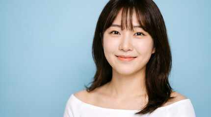Fototapeta premium Portrait of a young Korean woman with brunette hair on gradient blue