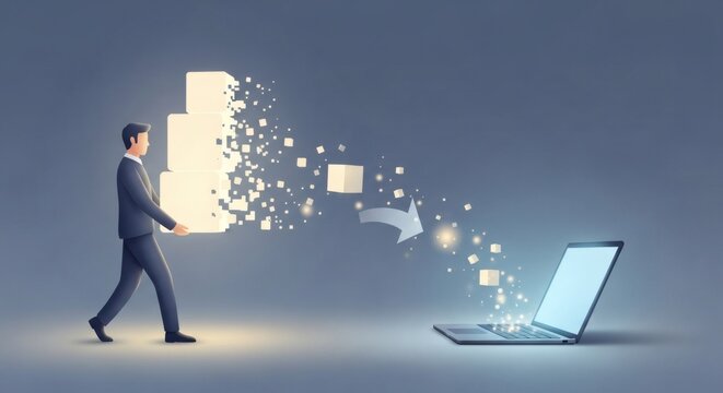 Businessman transferring data blocks from hand to laptop symbolizing digital workflow and information exchange