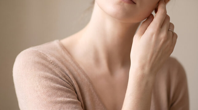 Close up of a woman's neck and skin with hand