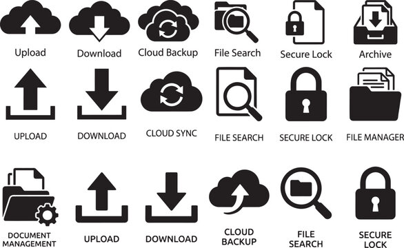 File actions icon set featuring document management, upload, download, cloud backup, file search, data export, secure lock, archive, and system storage organization symbols.