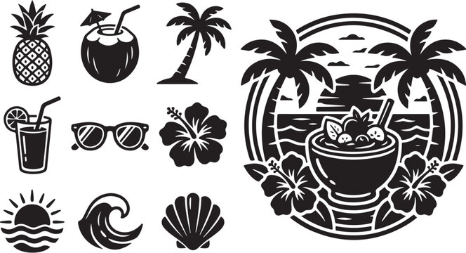 Tropical Vacation Icons and Summer Symbols Set