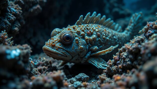 Close-up shot of a rockfish with distinctive spines and spots, resting on a rocky ocean floor with a dark, moody atmosphere.