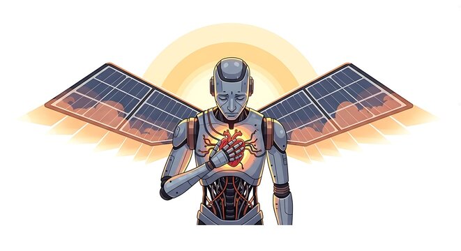Cartoon robot touching red mechanical heart with solar wings in warm light.