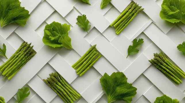 A vibrant arrangement of fresh green asparagus and lettuce on a textured white background
