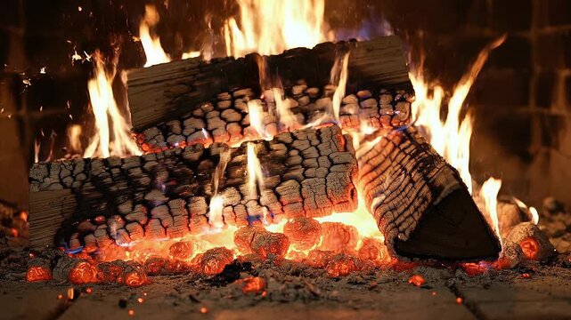 Close up view of burning firewood with glowing embers and bright flames in cozy fireplace