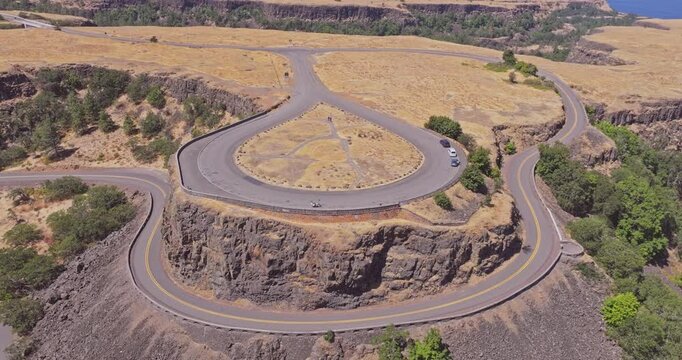 Aerial drone shot of the Rowena Crest Viewpoint in Mosier Oregon on the Columbia River Gorge National Scenic Area