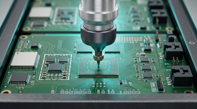 Robot drill probing a microchip on electronic circuit board for advanced semiconductor manufacturing