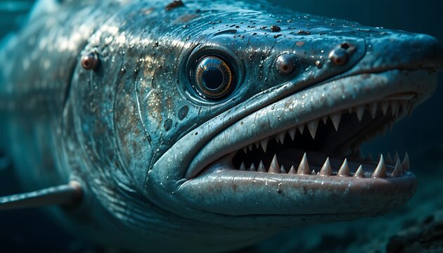 Close-up of a large fish with sharp teeth and a menacing gaze in dark water with cinematic lighting.