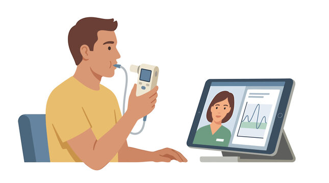 Male Patient Using Spirometer While Monitored on Tablet Online