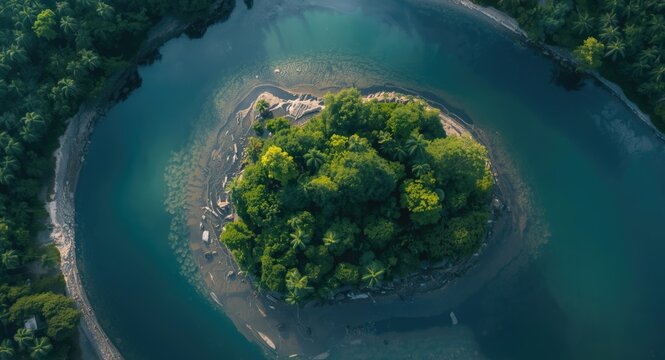 Aerial perspective of a winding river surrounding a lush island