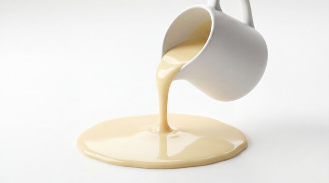 Creamy condensed milk pouring from white pitcher onto clean surface
