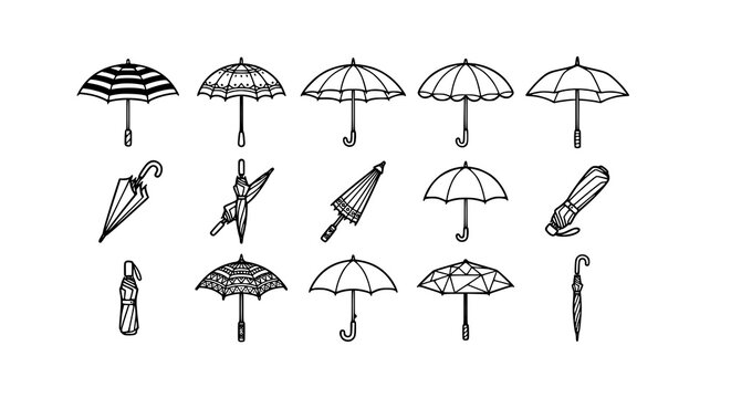 Black and white umbrella vector set with open closed and folded parasol illustrations