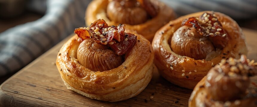 Bacon and sesame seed topped snails inside golden puff pastry