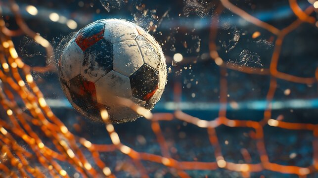 Match day football ball beside net at sunset high resolution picture