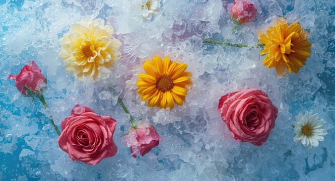 Bright summer flowers and roses frozen in ice with bubbles on vibrant backdrop