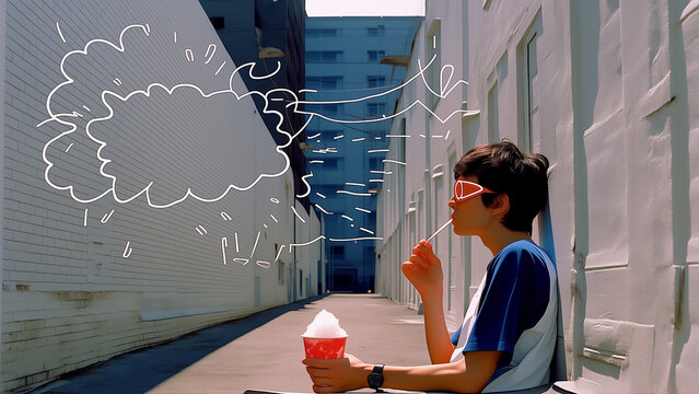 路地でかき氷を食べる人物と風の流れを描いた線画イラスト。