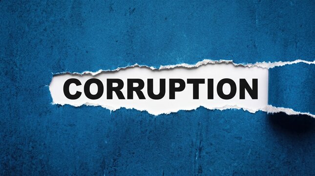 Corruption concept revealed under torn blue paper texture background