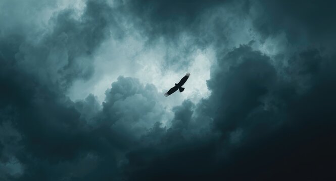 A majestic bird soaring towards dark storm clouds under a dramatic sky