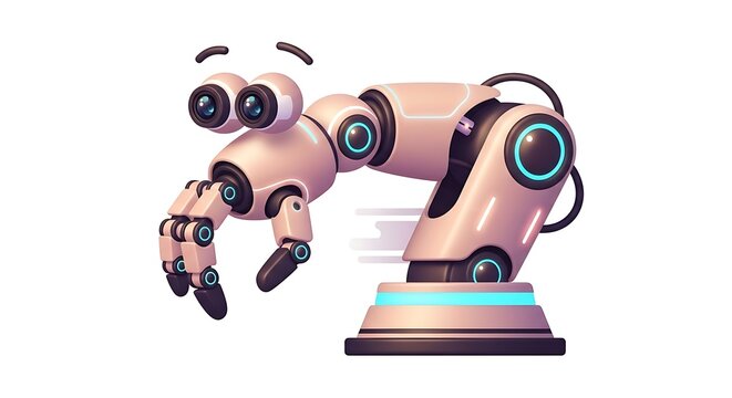 Cute pink cartoon robot with glowing blue eyes and mechanical arms, dynamic motion on white background.