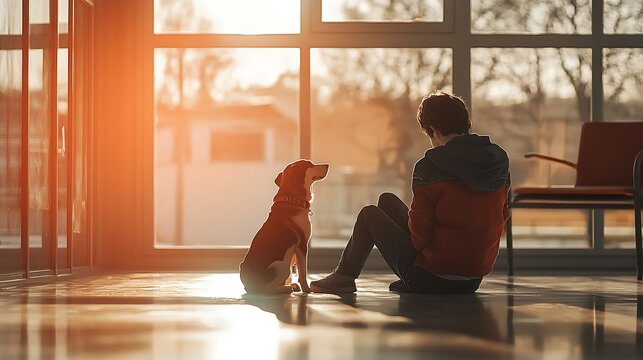 Mental health support dog calming anxious teenager gently high resolution picture