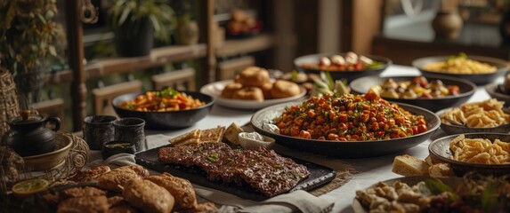 Obraz premium Colorful Arabic Buffet Spread with Various Dishes Dining Table, Warm Atmosphere, Close-Up