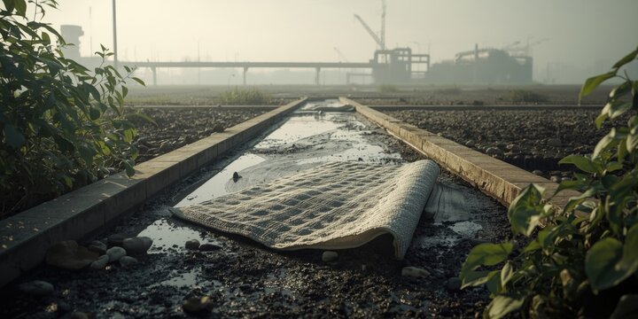 Oil Absorbent Pad in Chemical Drainage Industrial Site, Foggy Background, Low Angle