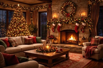 Obraz premium Spacious living room with hearth and vibrant holiday embellishments